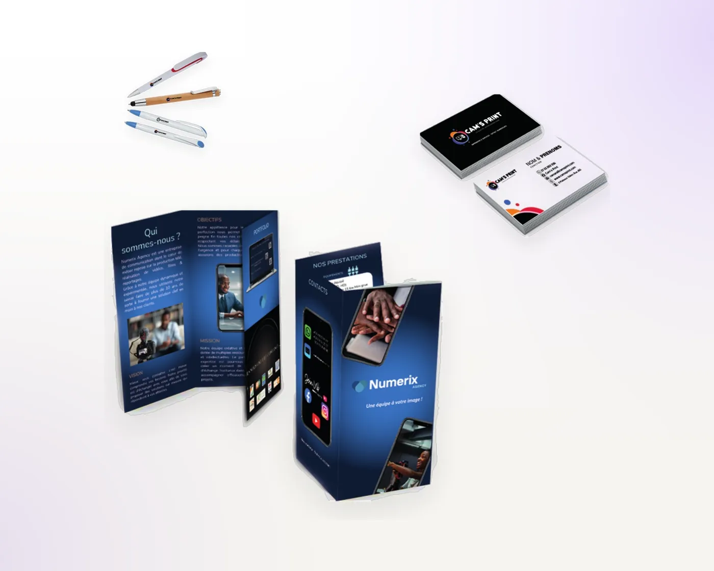 Dépliant, cartes de visite et stylos personnalisés conçus par Cam’s Print